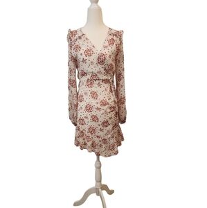 French Kiss Long Sleeve Ruched Pink Floral Cream Background Size S